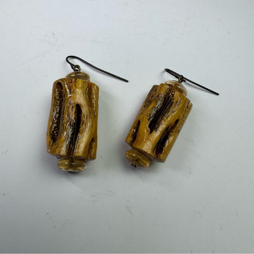 Boho Natural Wood Dangle Earrings – Rustic Barrel Style